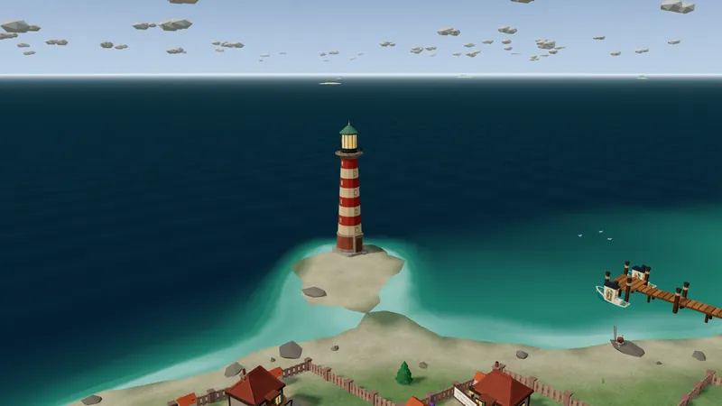 A red and white striped lighthouse on a sandy point, houses and fields behind it.